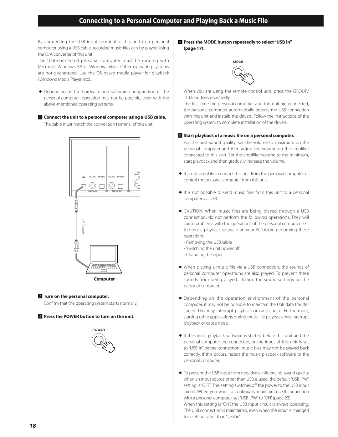 Esoteric SA-50 owner manual Computer Turn on the personal computer, Start playback of a music file on a personal computer 