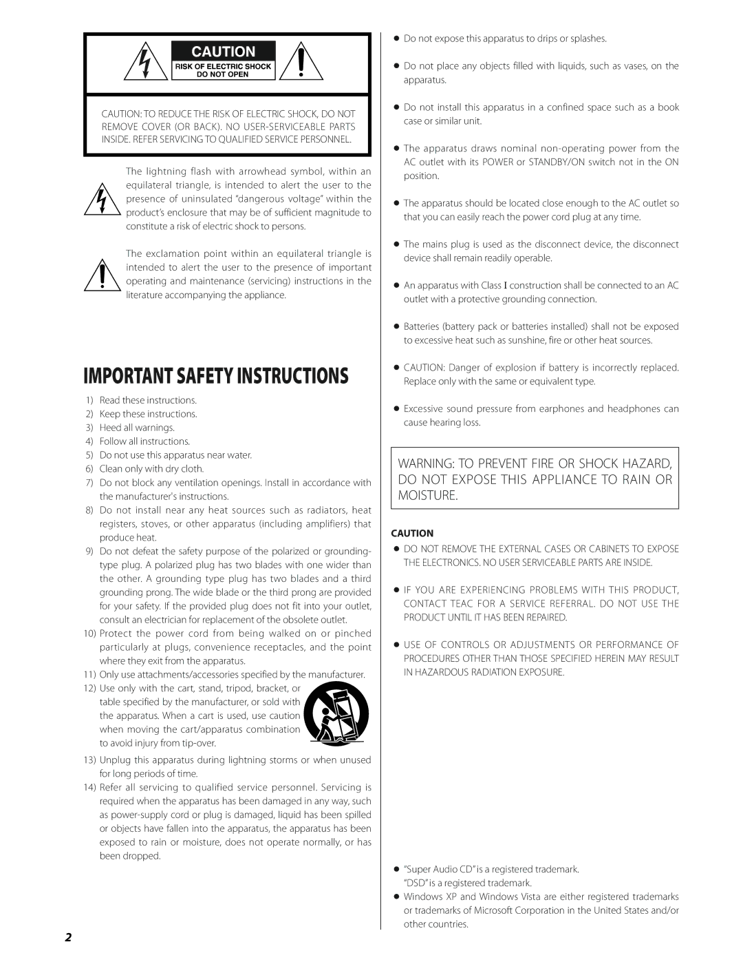 Esoteric SA-50 owner manual Important Safety Instructions 