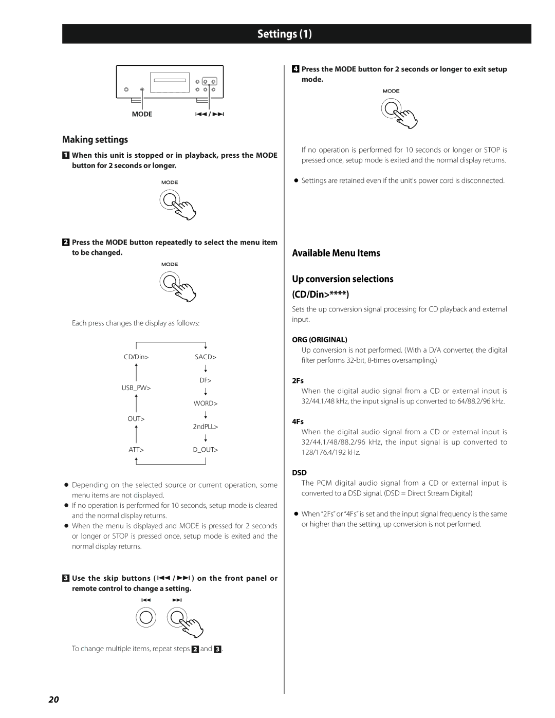 Esoteric SA-50 owner manual Settings, Making settings, Available Menu Items, Up conversion selections CD/Din 