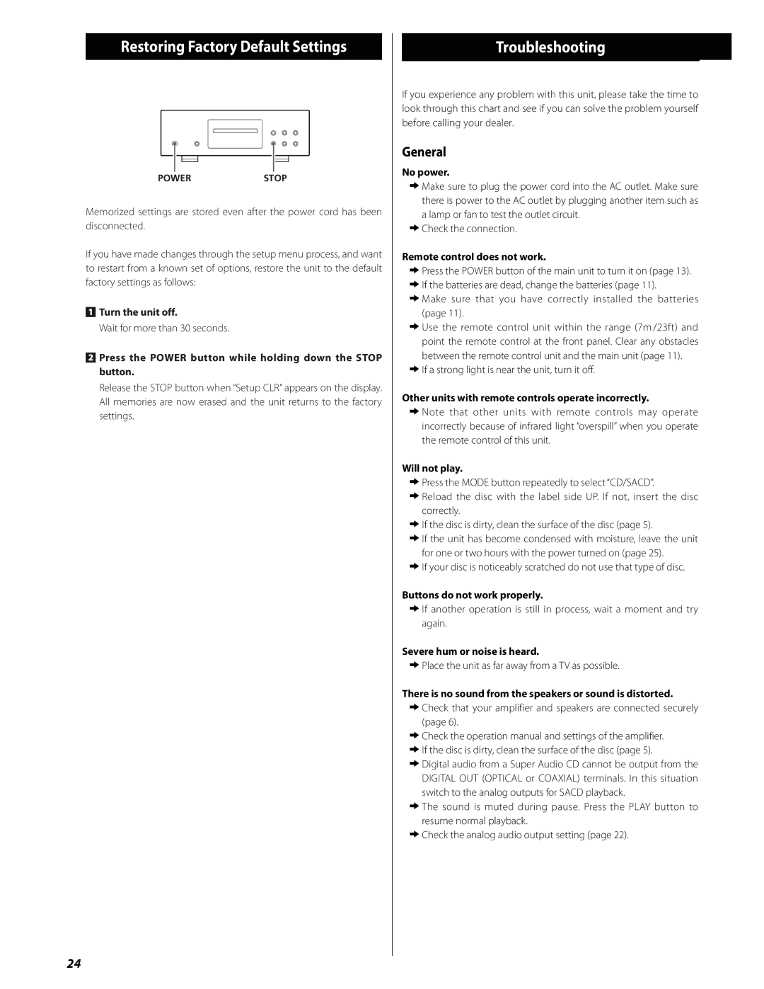 Esoteric SA-50 owner manual Restoring Factory Default Settings, Troubleshooting, General 