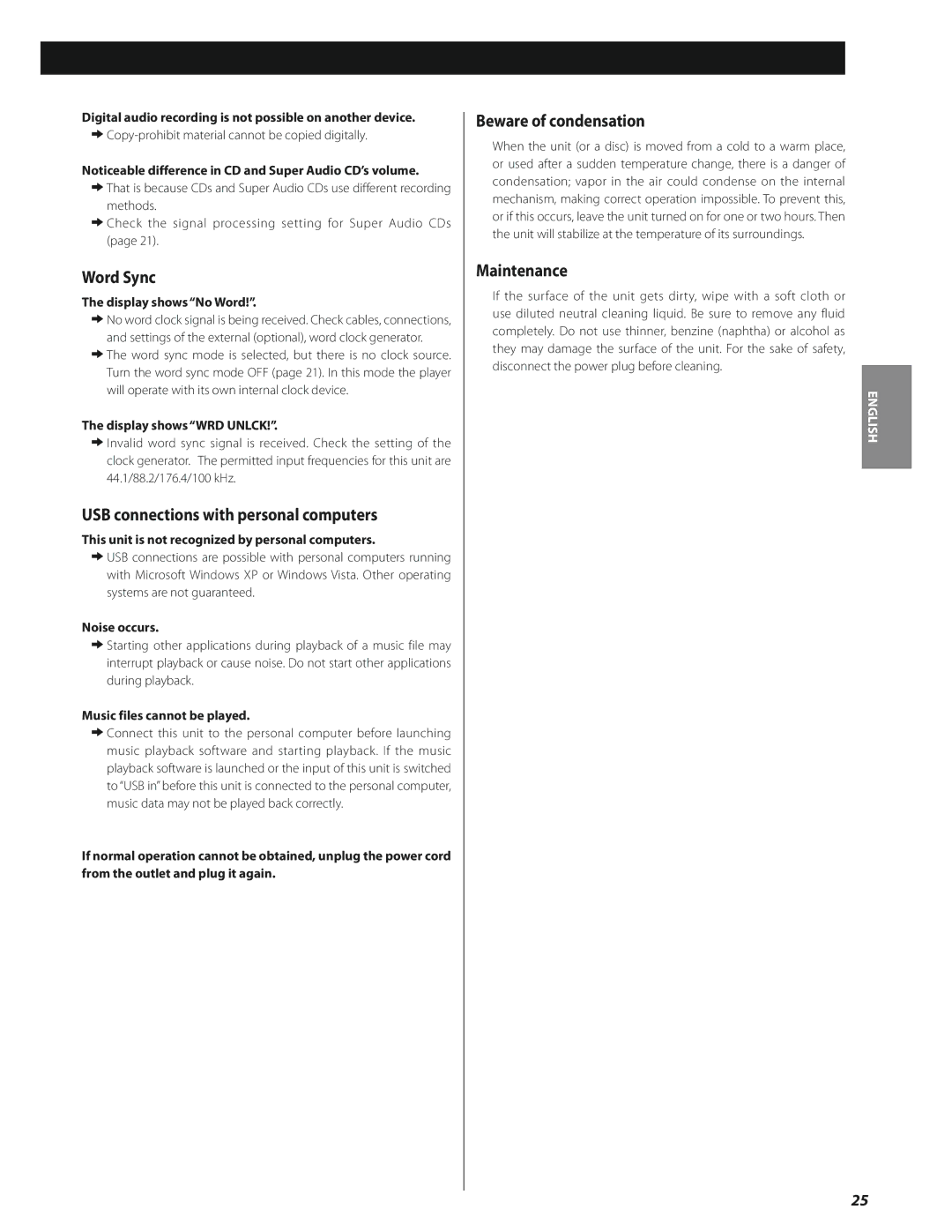 Esoteric SA-50 owner manual Word Sync, USB connections with personal computers, Beware of condensation, Maintenance 