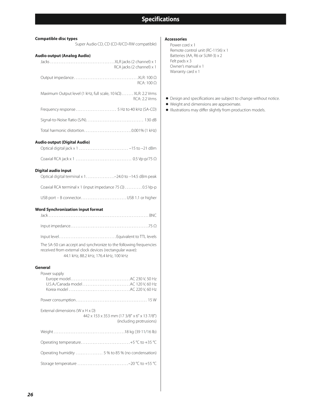 Esoteric SA-50 owner manual Specifications 