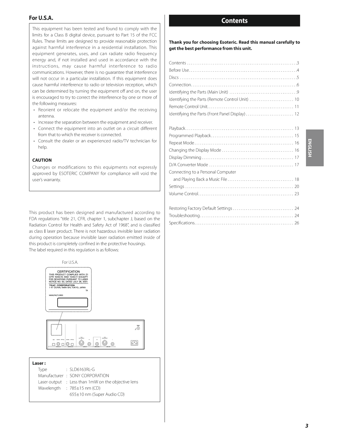 Esoteric SA-50 owner manual Contents 