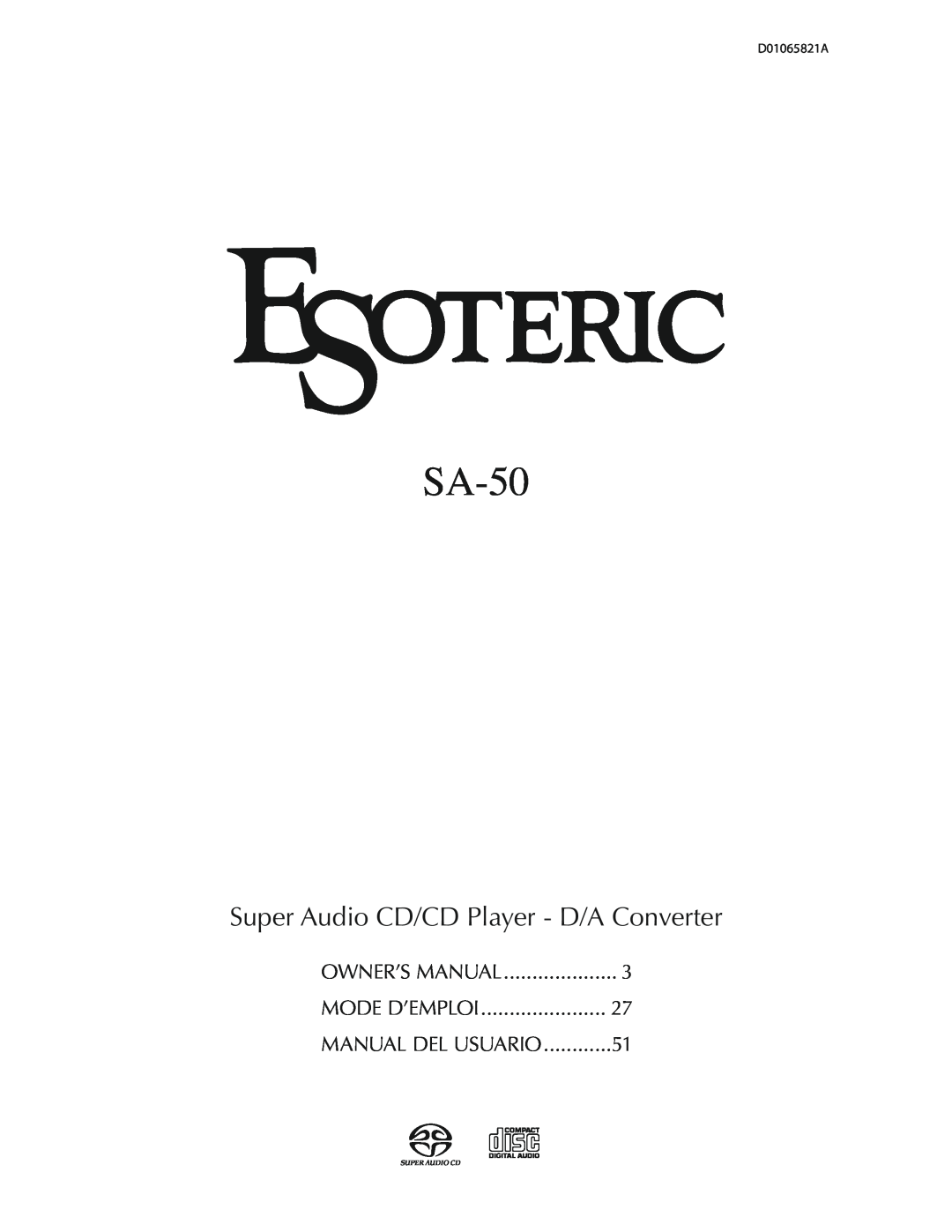 Esoteric SA-50 owner manual Super Audio CD/CD Player - D/A Converter, Mode D’Emploi, Manual Del Usuario 