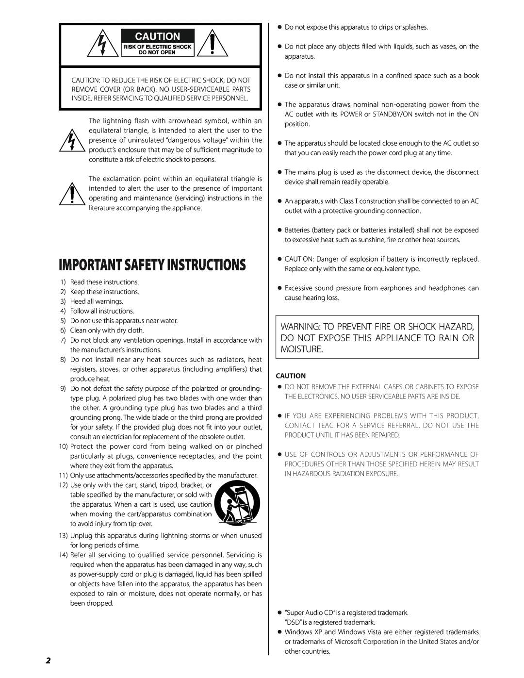 Esoteric SA-50 owner manual Important Safety Instructions 