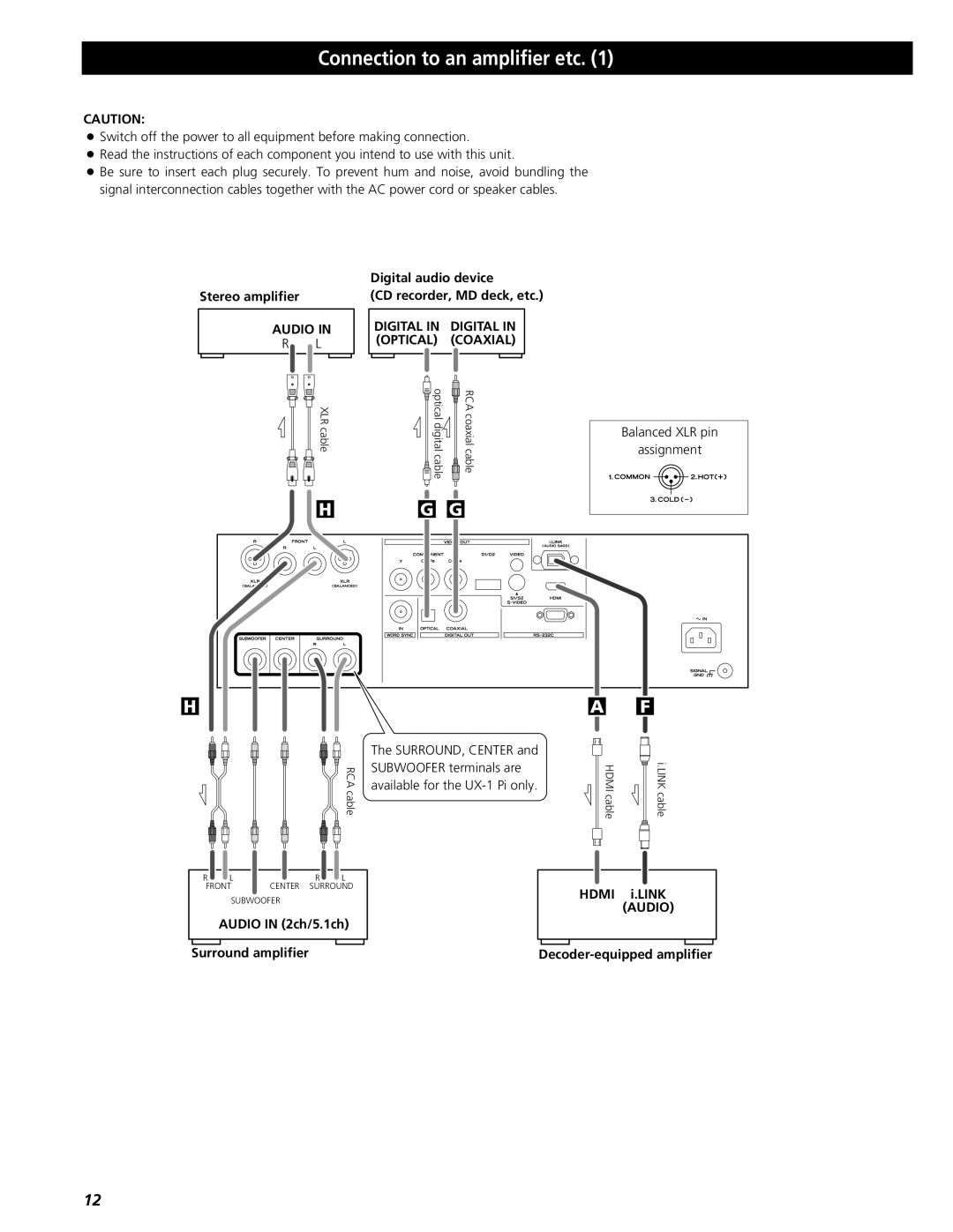 Esoteric UX-1 Pi, UX-3 Pi owner manual Connection to an amplifier etc, Audio, Digital in Digital in Optical Coaxial 