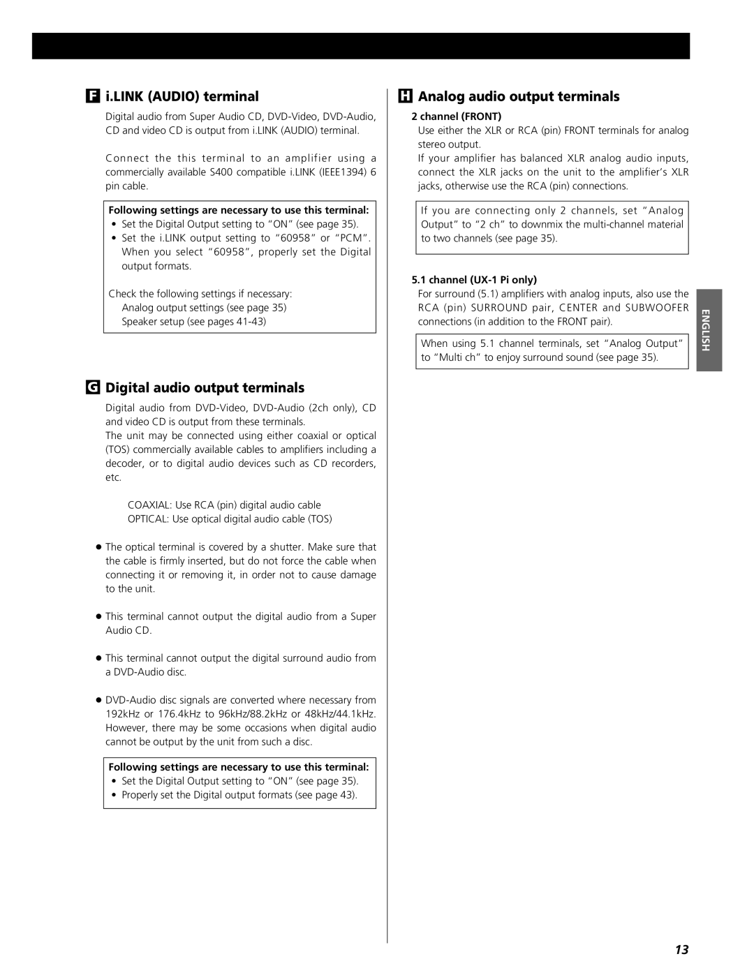 Esoteric UX-3 Pi, UX-1 Pi owner manual Link Audio terminal, Digital audio output terminals, Analog audio output terminals 