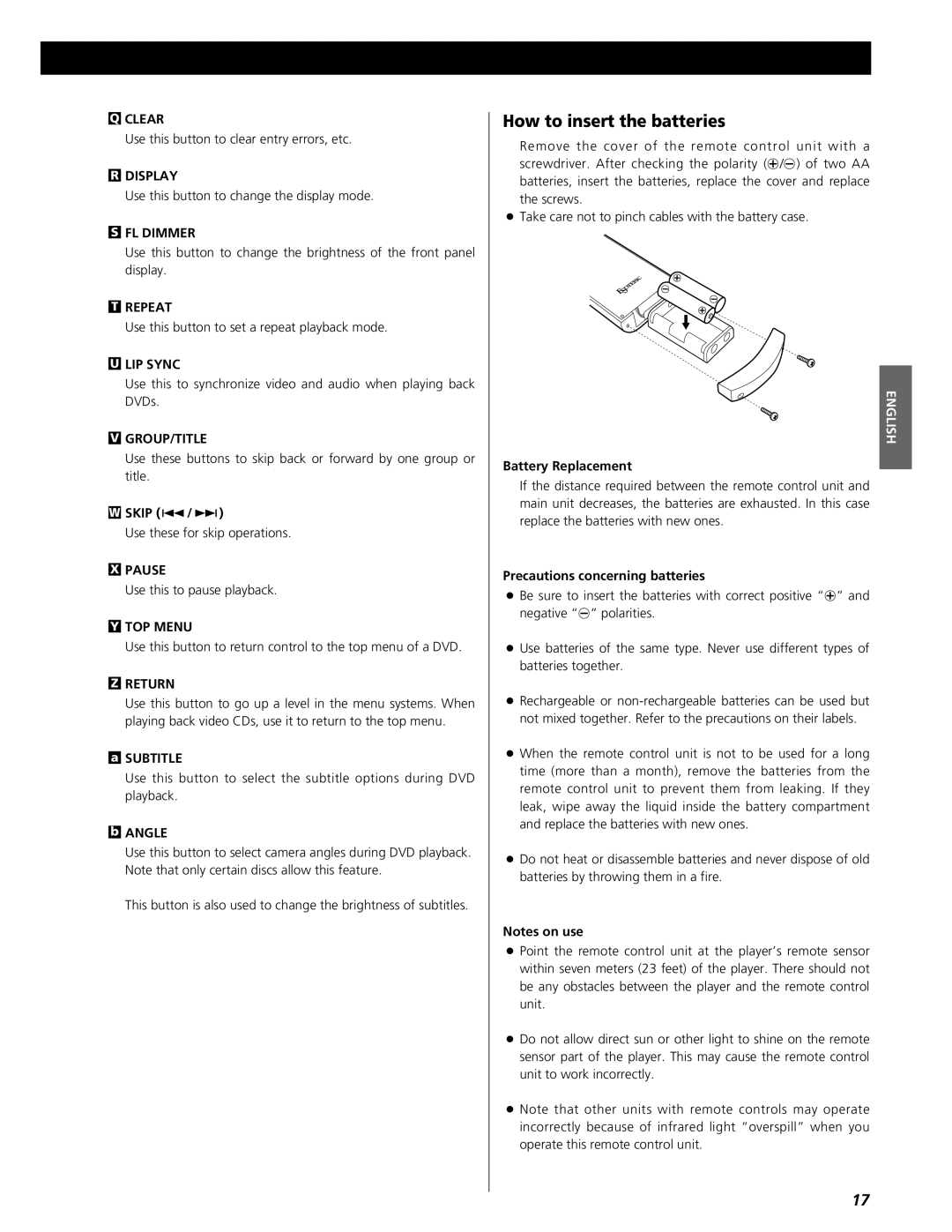 Esoteric UX-3 Pi, UX-1 Pi owner manual How to insert the batteries 