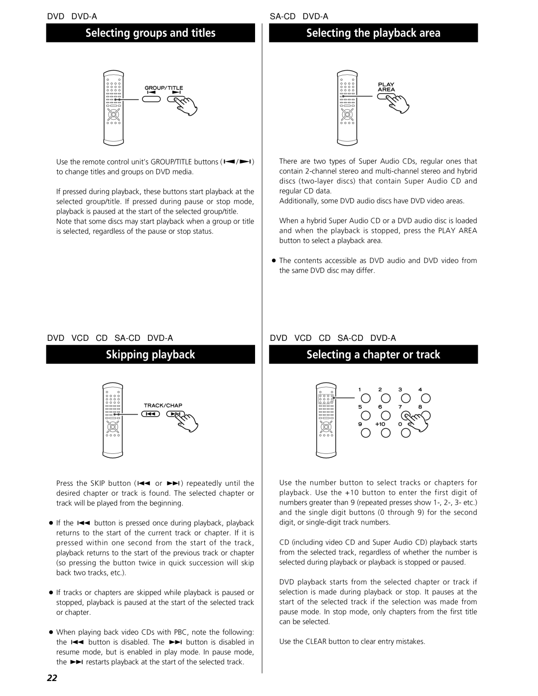 Esoteric UX-1 Pi Selecting groups and titles, Skipping playback, Selecting the playback area, Selecting a chapter or track 