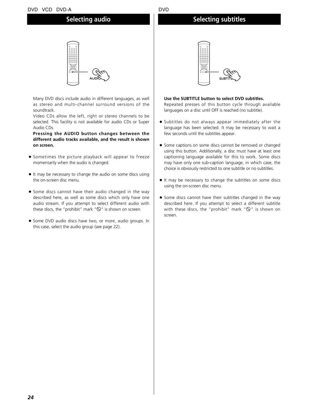 Esoteric UX-1 Pi, UX-3 Pi owner manual Selecting audio, Selecting subtitles, Use the Subtitle button to select DVD subtitles 