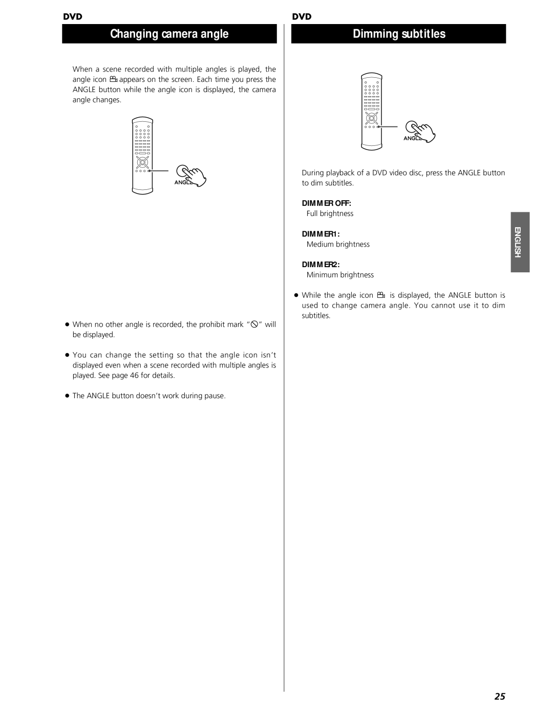 Esoteric UX-3 Pi, UX-1 Pi owner manual Changing camera angle, Dimming subtitles, Dimmer OFF, DIMMER1, DIMMER2 