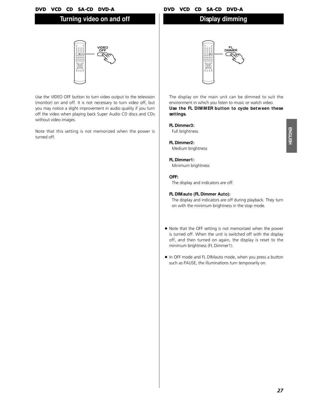 Esoteric UX-3 Pi, UX-1 Pi owner manual Turning video on and off, Display dimming, Off 