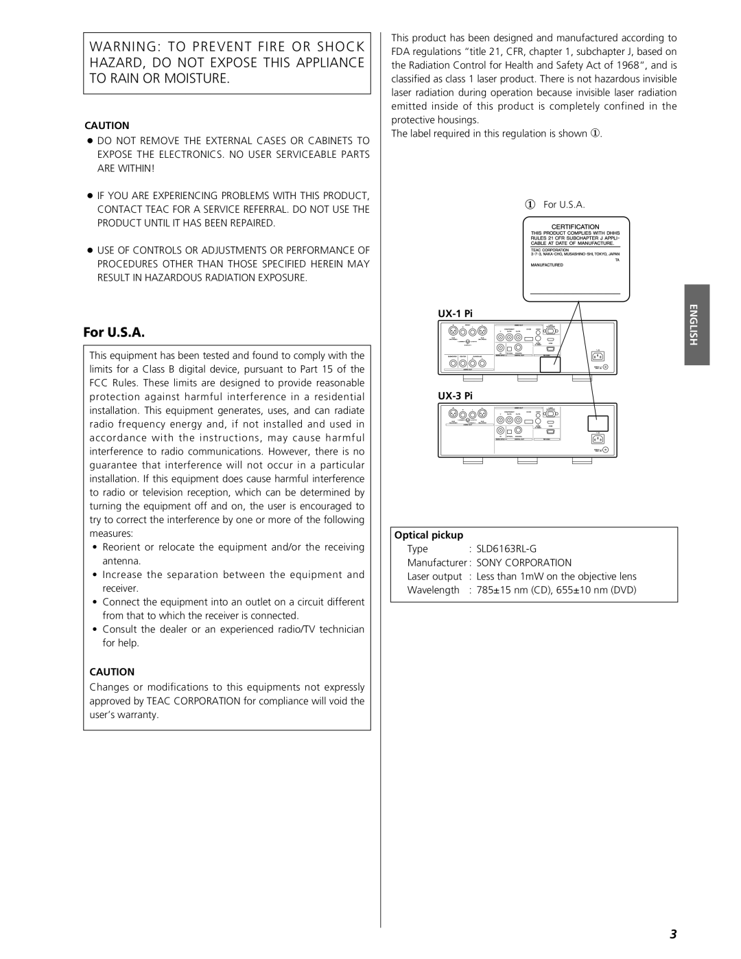 Esoteric owner manual For U.S.A, UX-1 Pi UX-3 Pi, Optical pickup 