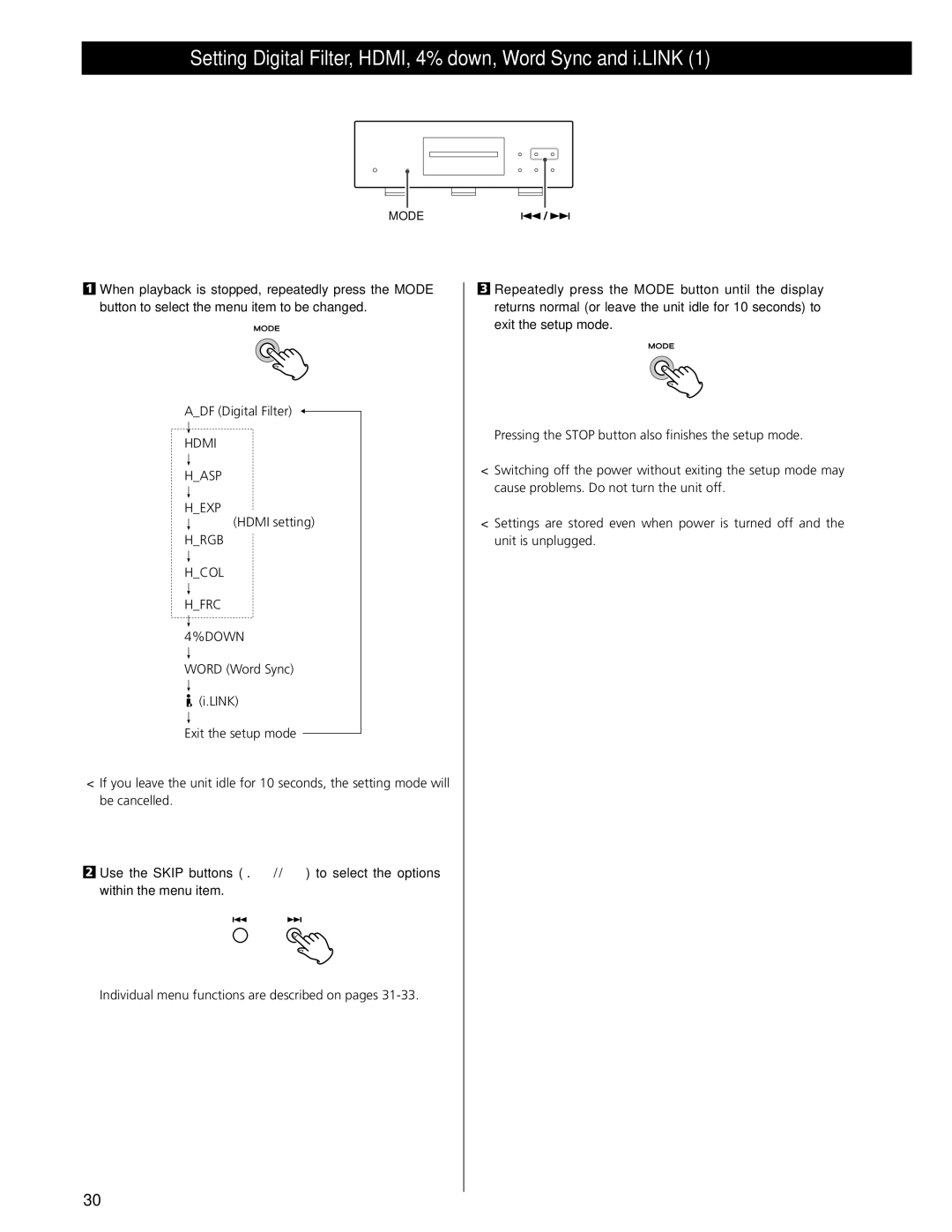 Esoteric UX-1 Pi, UX-3 Pi owner manual Setting Digital Filter, HDMI, 4% down, Word Sync and i.LINK, Hrgb Hcol Hfrc Down 