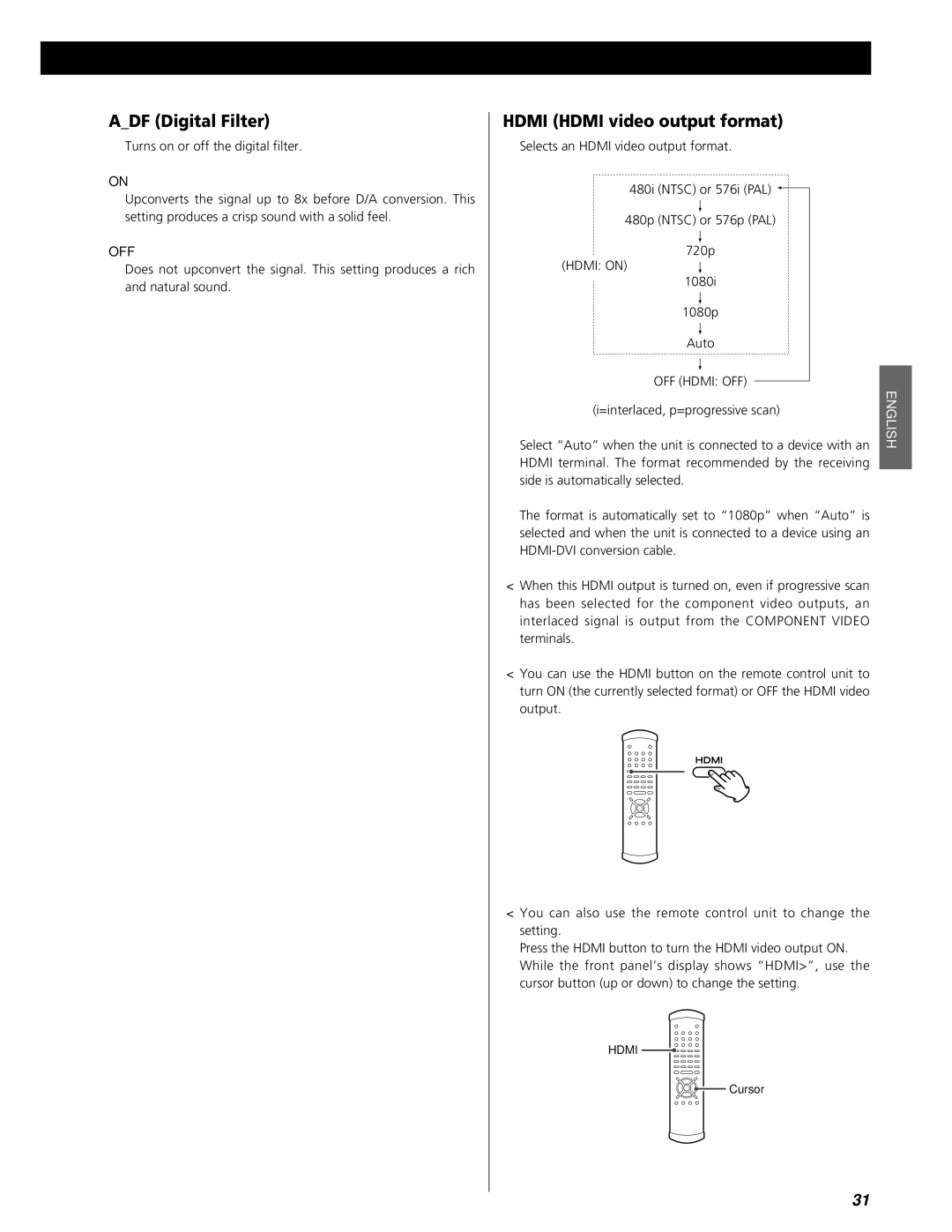 Esoteric UX-3 Pi, UX-1 Pi owner manual ADF Digital Filter, Hdmi Hdmi video output format 