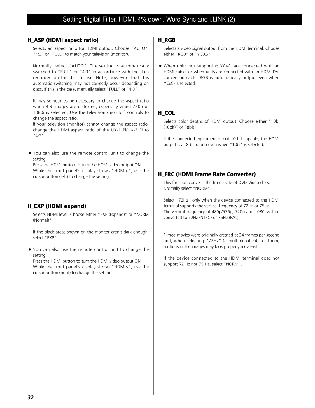 Esoteric UX-1 Pi, UX-3 Pi owner manual Hasp Hdmi aspect ratio, Hexp Hdmi expand, Hfrc Hdmi Frame Rate Converter 