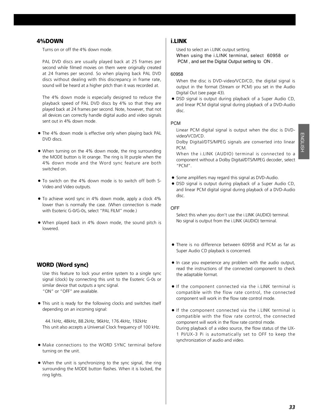 Esoteric UX-3 Pi, UX-1 Pi owner manual Word Word sync, Link, Pcm 