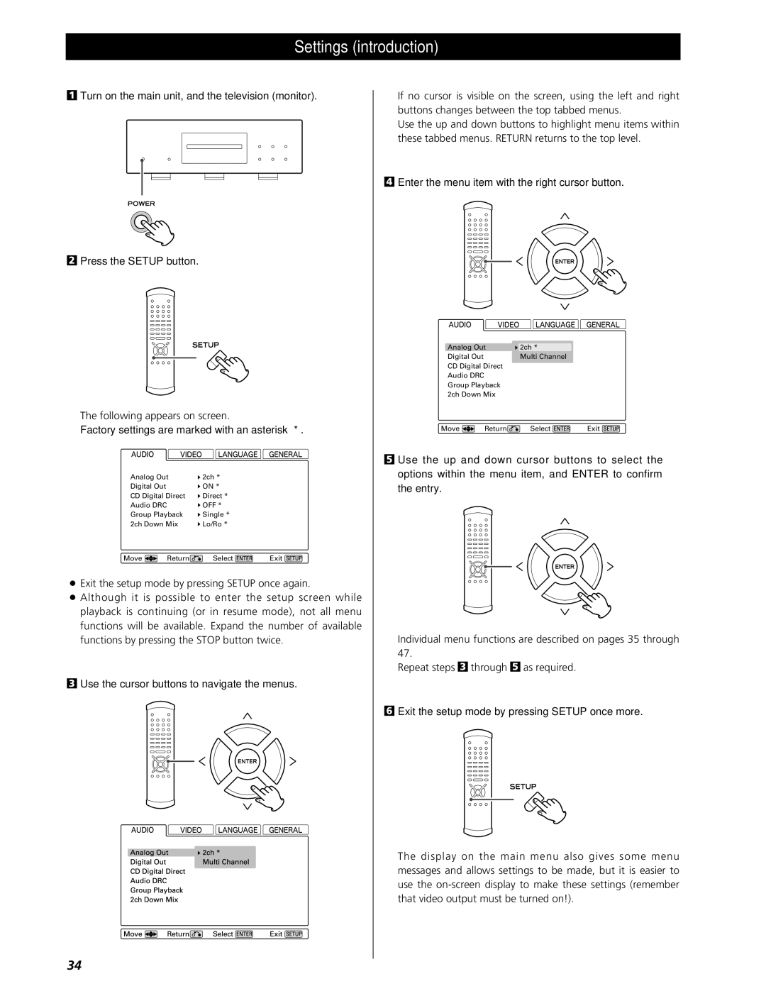 Esoteric UX-1 Pi, UX-3 Pi owner manual Settings introduction, Factory settings are marked with an asterisk 