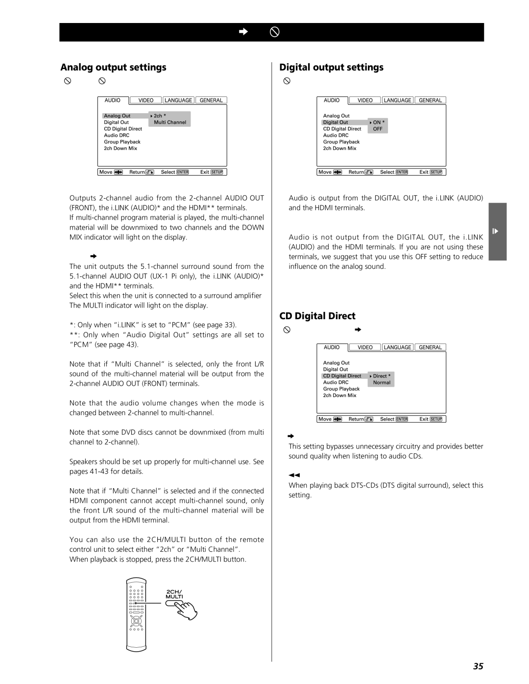 Esoteric UX-3 Pi, UX-1 Pi owner manual Settings Audio, Analog output settings, Digital output settings, CD Digital Direct 