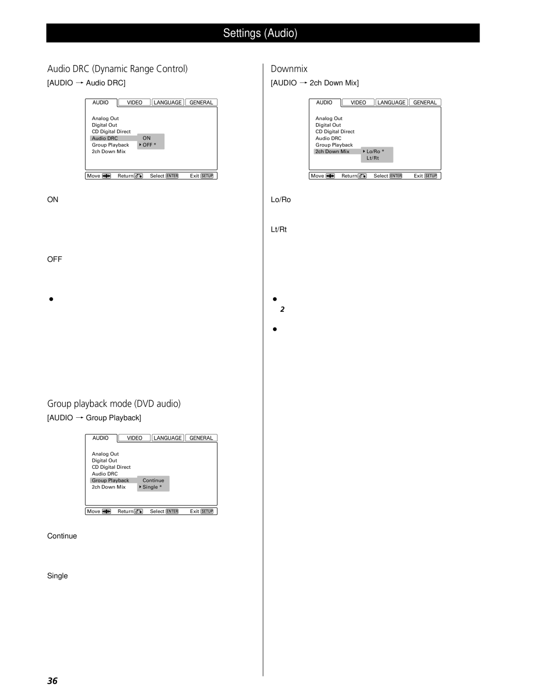 Esoteric UX-1 Pi, UX-3 Pi owner manual Audio DRC Dynamic Range Control, Group playback mode DVD audio, Downmix 