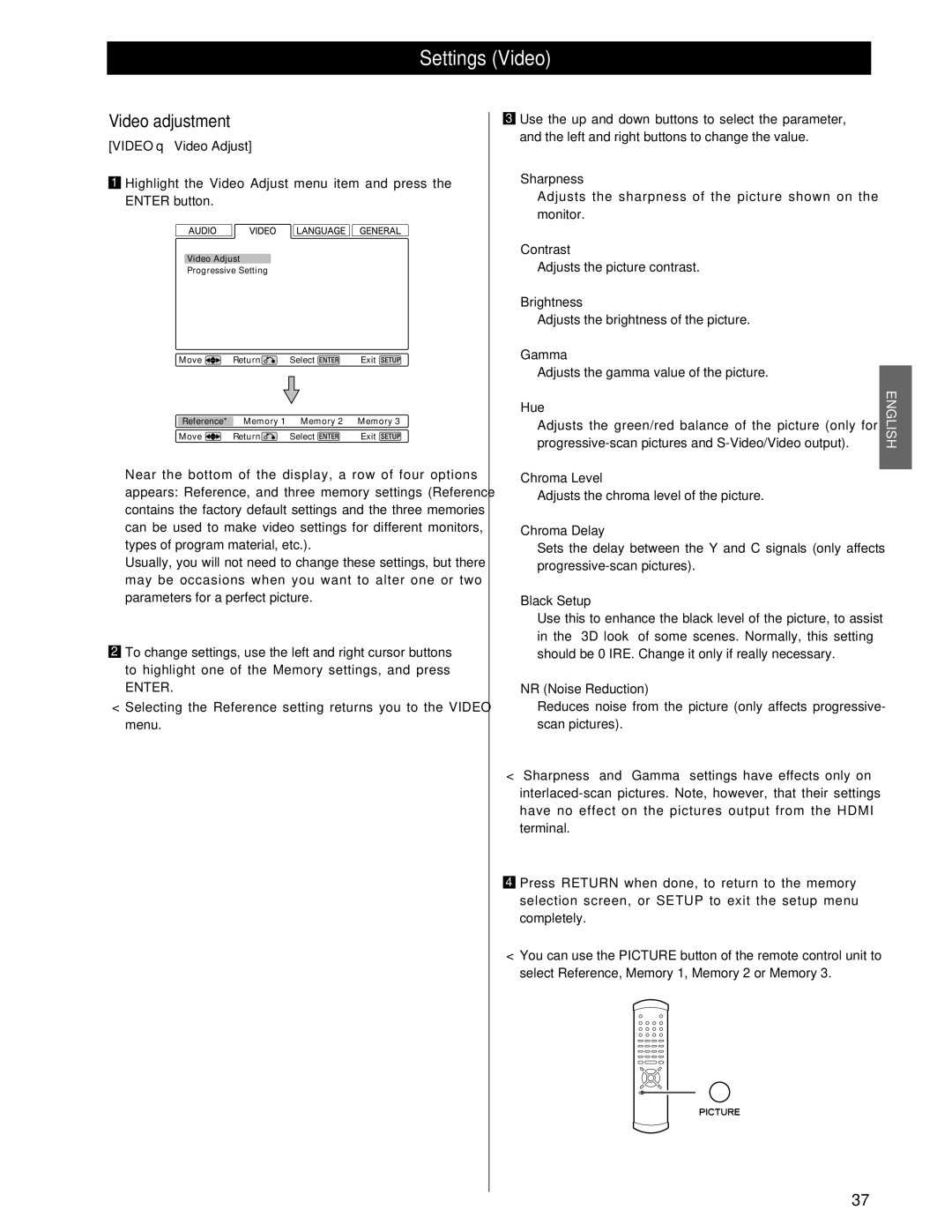 Esoteric UX-3 Pi, UX-1 Pi owner manual Settings Video, Video adjustment, Enter 