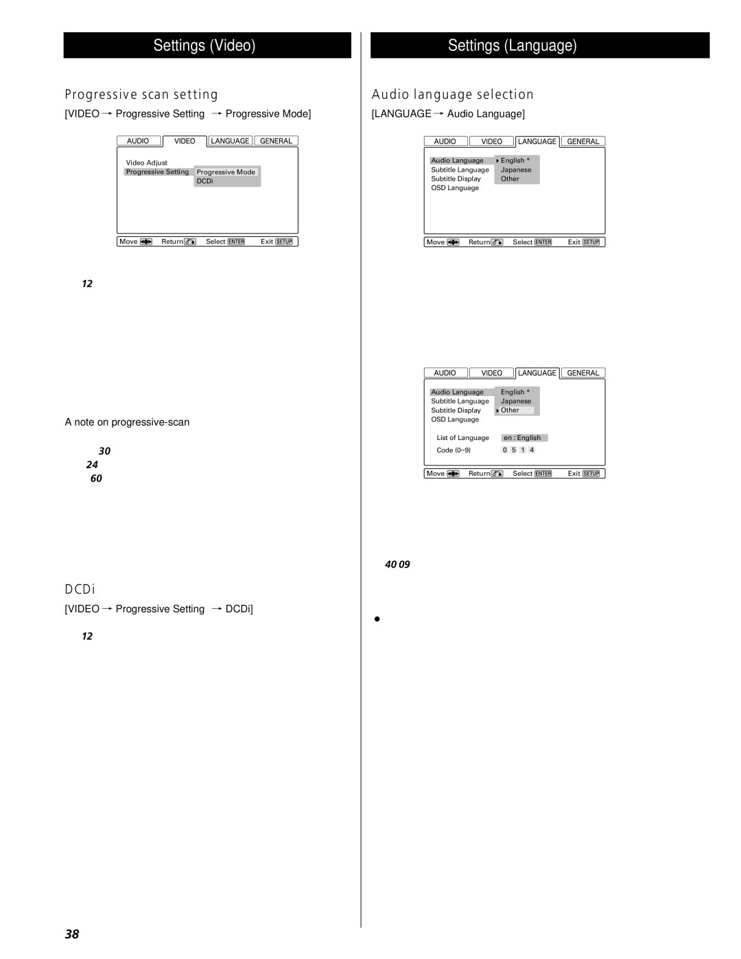 Esoteric UX-1 Pi, UX-3 Pi owner manual Settings Language, Progressive scan setting, DCDi, Audio language selection 