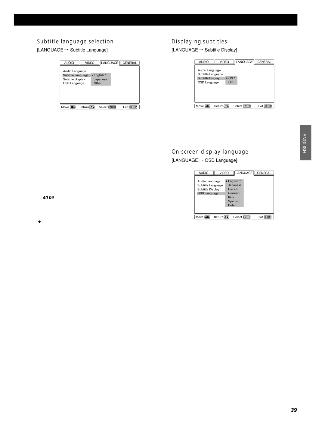 Esoteric UX-3 Pi, UX-1 Pi owner manual Subtitle language selection, Displaying subtitles, On-screen display language 