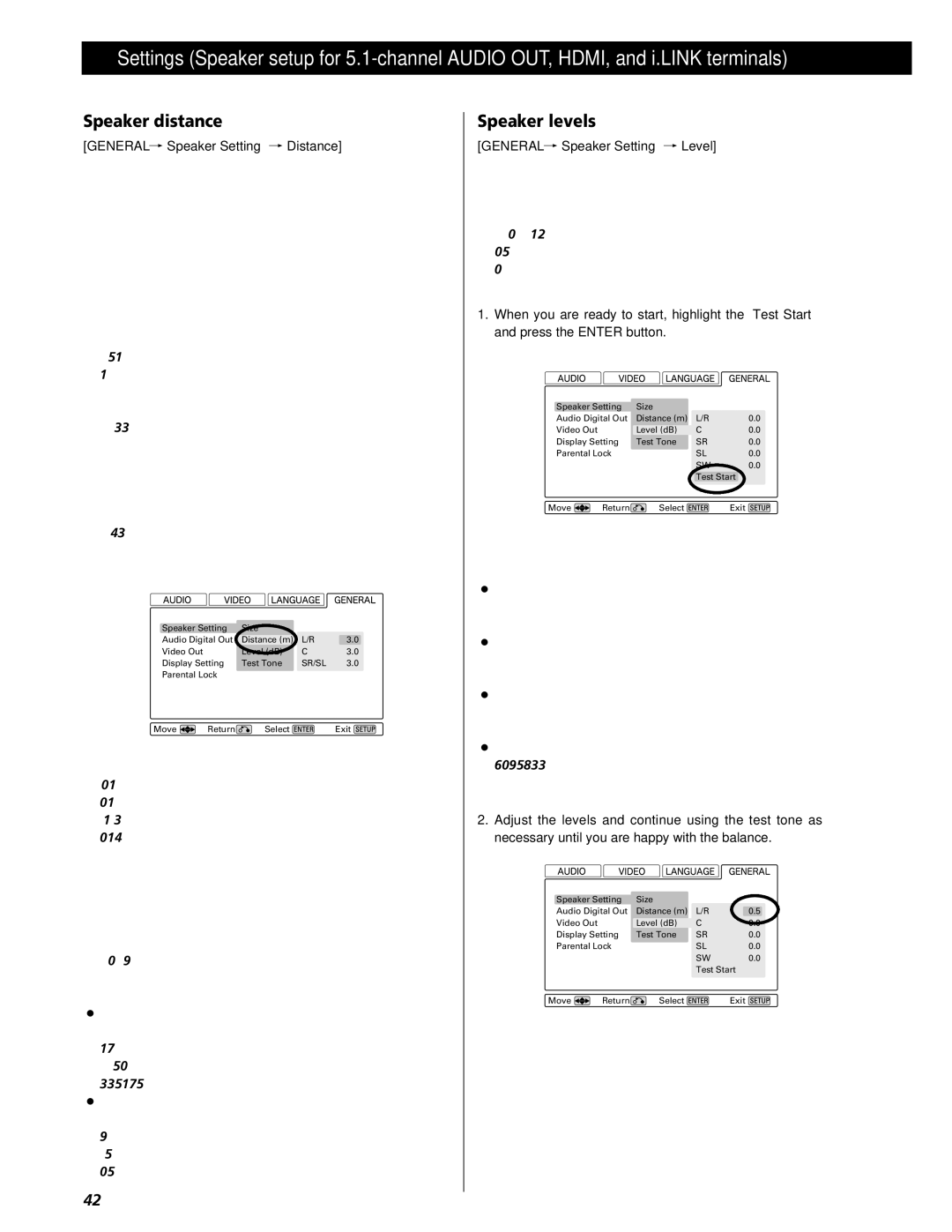 Esoteric UX-1 Pi Speaker distance, Speaker levels, General q Speaker Setting q Distance, General q Speaker Setting q Level 