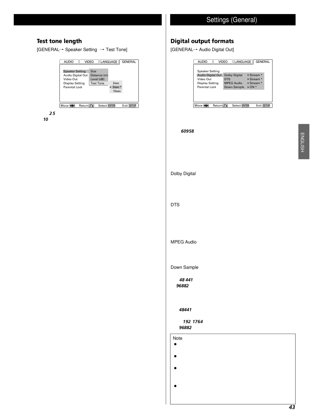 Esoteric UX-3 Pi, UX-1 Pi owner manual Settings General, Test tone length, Digital output formats, Dts 