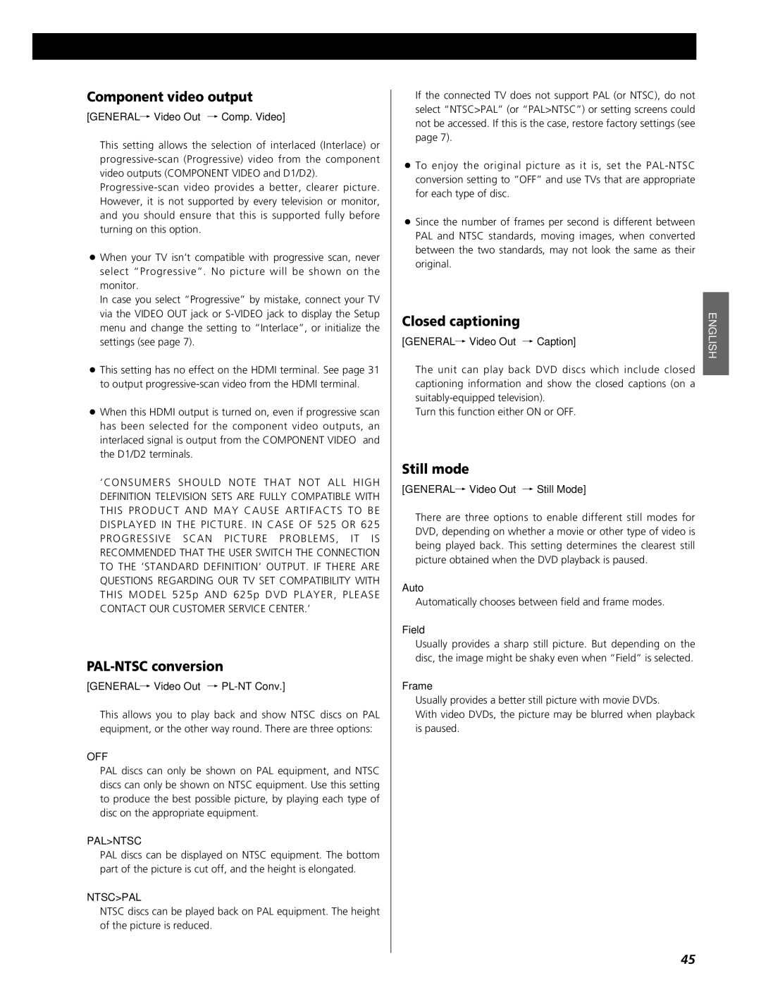 Esoteric UX-3 Pi, UX-1 Pi owner manual Component video output, PAL-NTSC conversion, Closed captioning, Still mode 