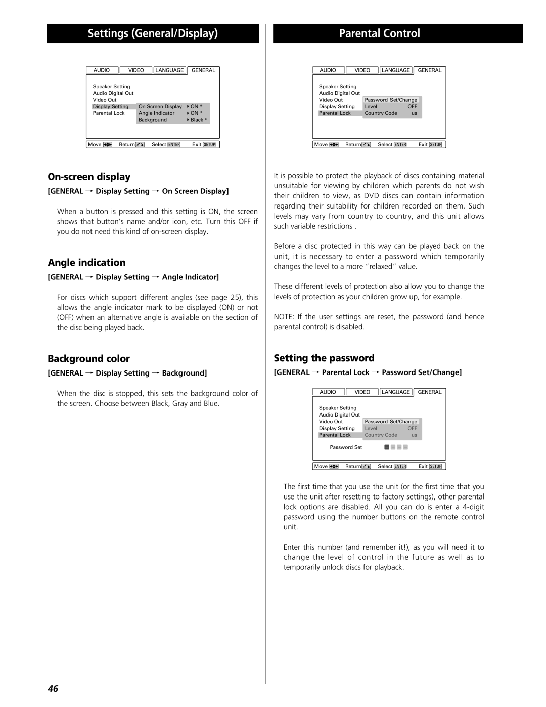 Esoteric UX-1 Pi, UX-3 Pi owner manual Settings General/Display, Parental Control 