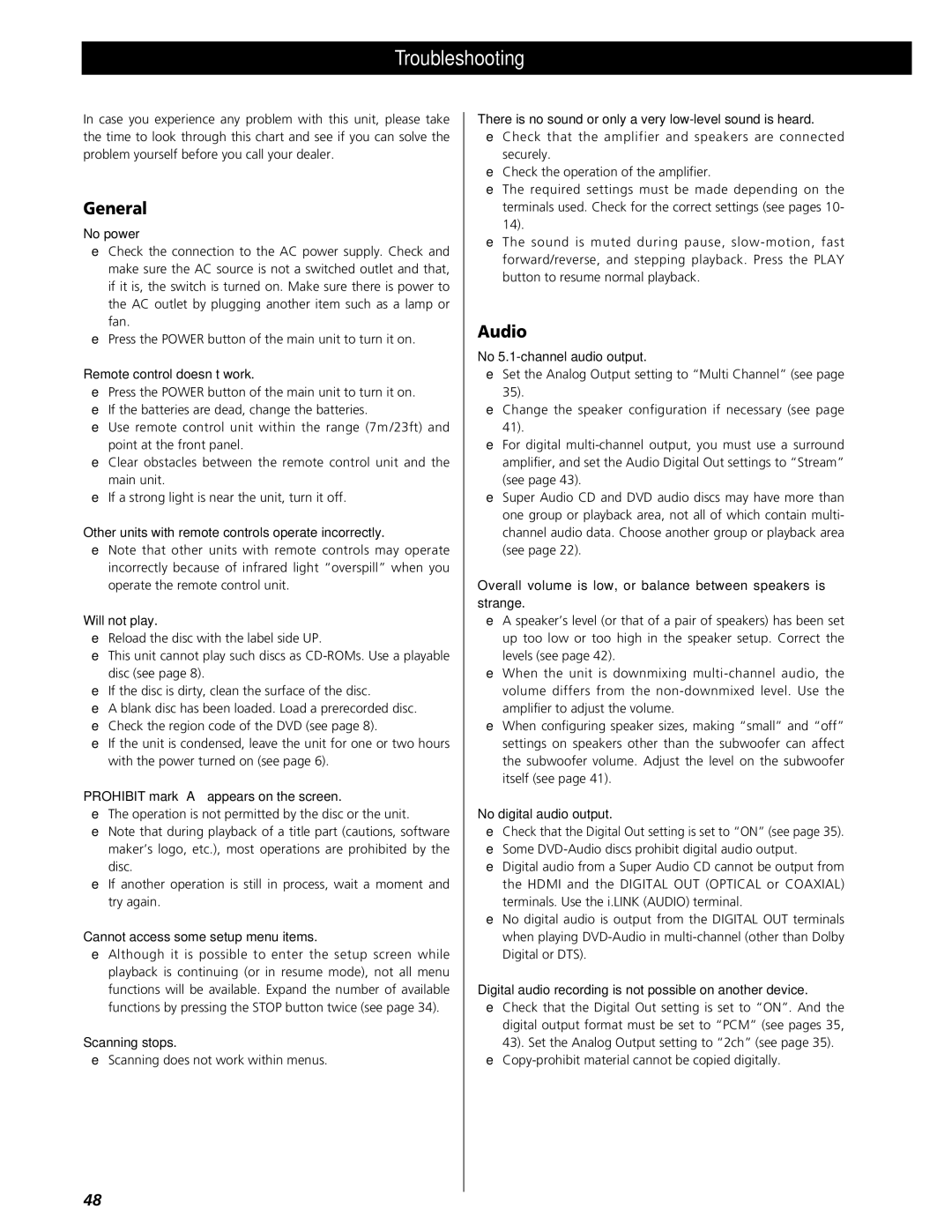 Esoteric UX-1 Pi, UX-3 Pi owner manual Troubleshooting, General, Audio 