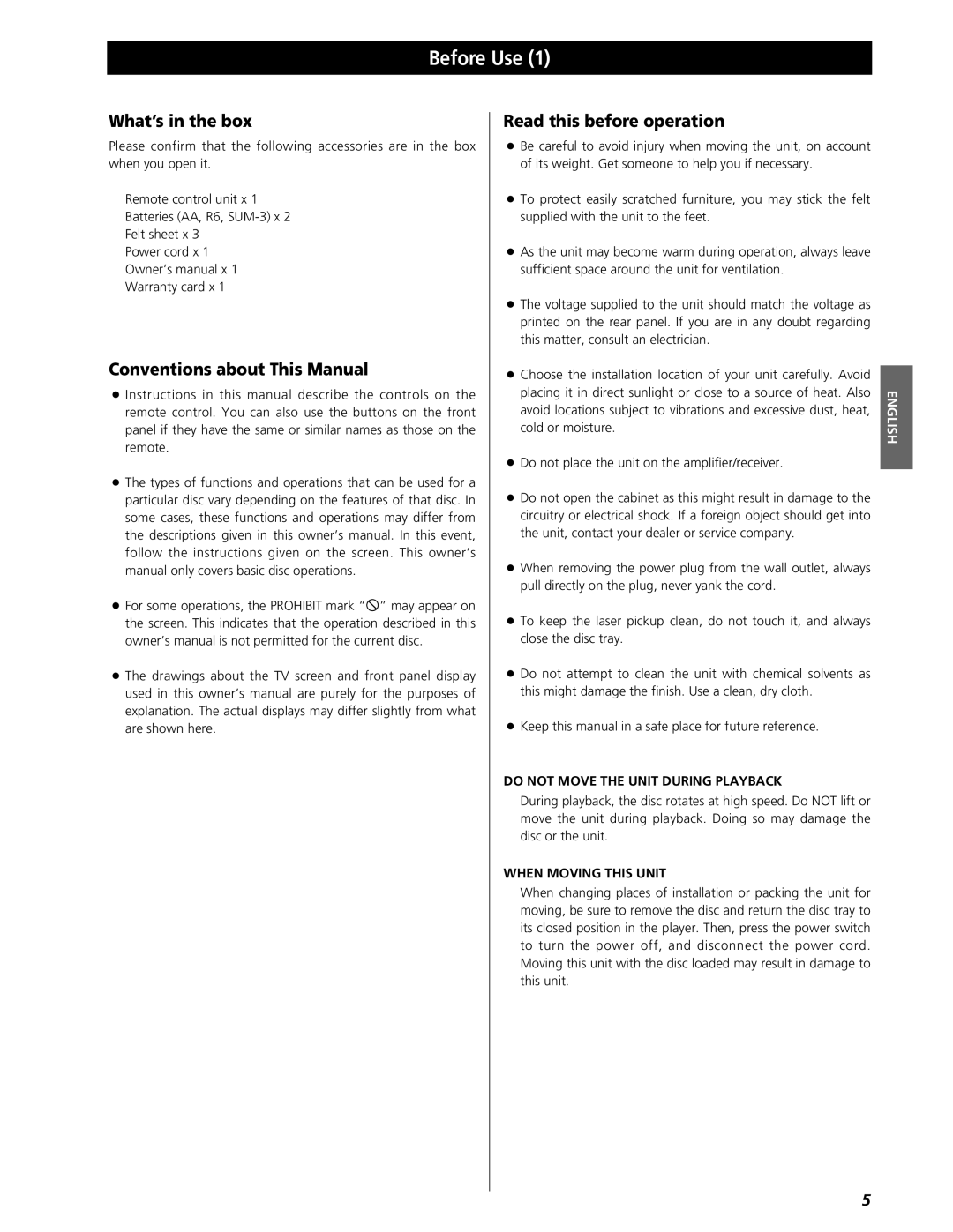 Esoteric UX-3 Pi, UX-1 Pi Before Use, What’s in the box, Conventions about This Manual, Read this before operation 