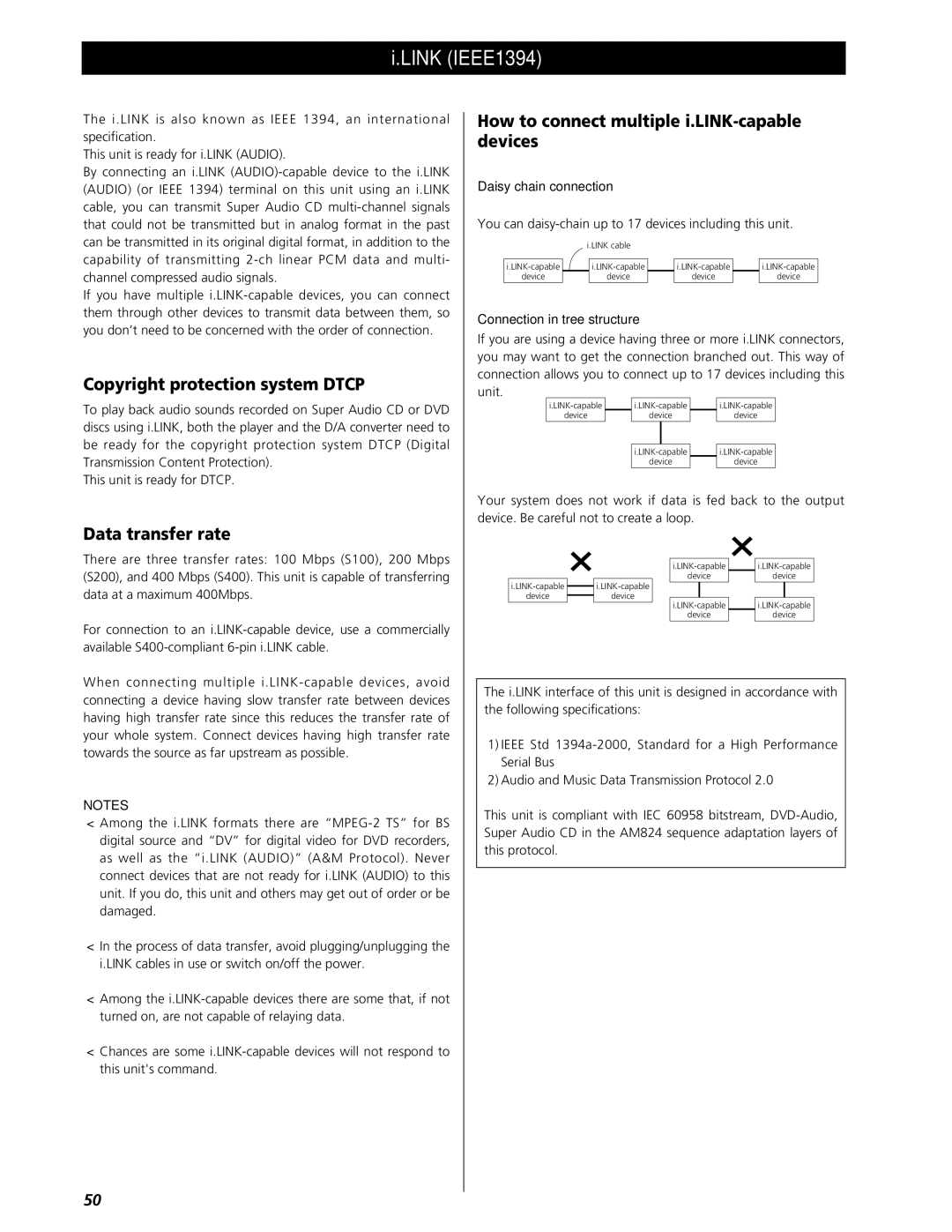 Esoteric UX-1 Pi, UX-3 Pi owner manual Link IEEE1394, Copyright protection system Dtcp, Data transfer rate 