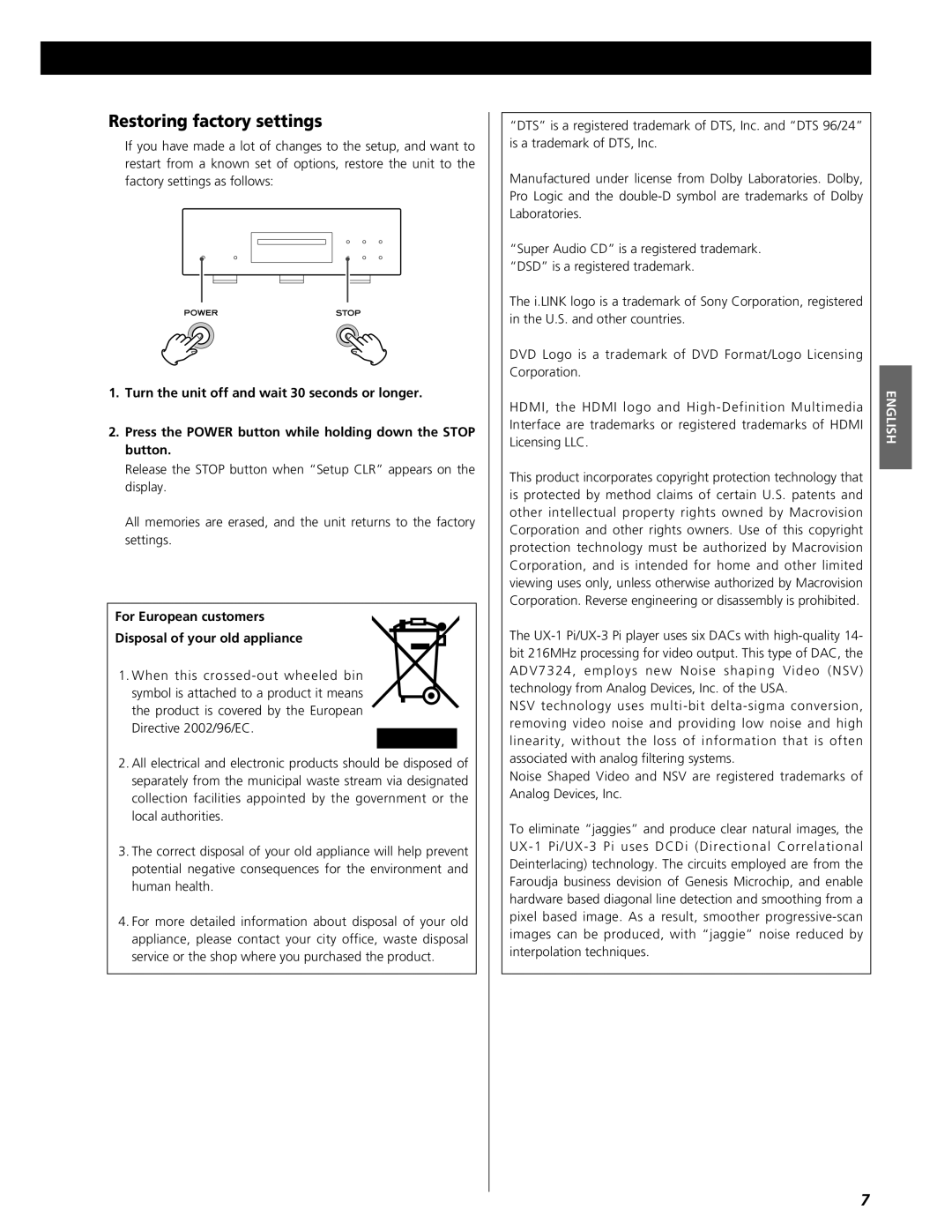 Esoteric UX-3 Pi, UX-1 Pi owner manual Restoring factory settings, For European customers Disposal of your old appliance 