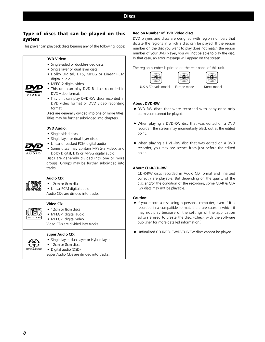 Esoteric UX-1 Pi, UX-3 Pi owner manual Discs, Type of discs that can be played on this system 