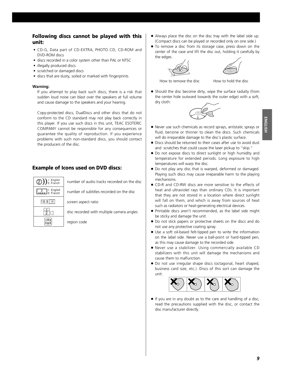 Esoteric UX-3 Pi, UX-1 Pi owner manual Following discs cannot be played with this unit, Example of Icons used on DVD discs 