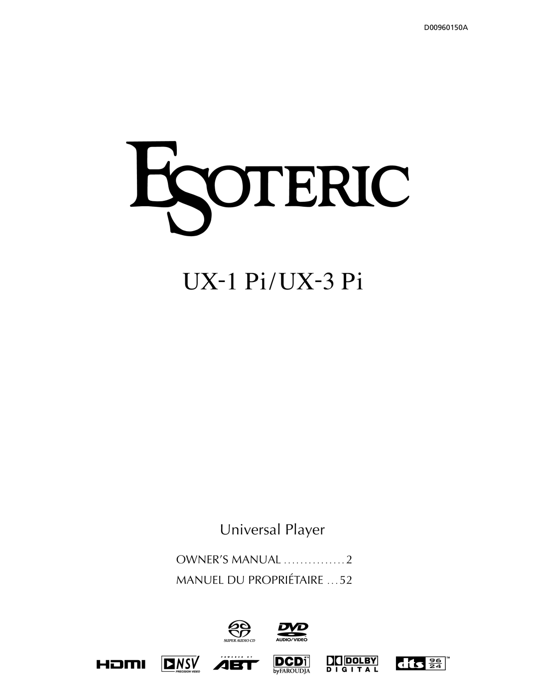 Esoteric owner manual UX-1 Pi/UX-3 Pi, Universal Player, Manuel Du Propriétaire, Owner’S Manual 