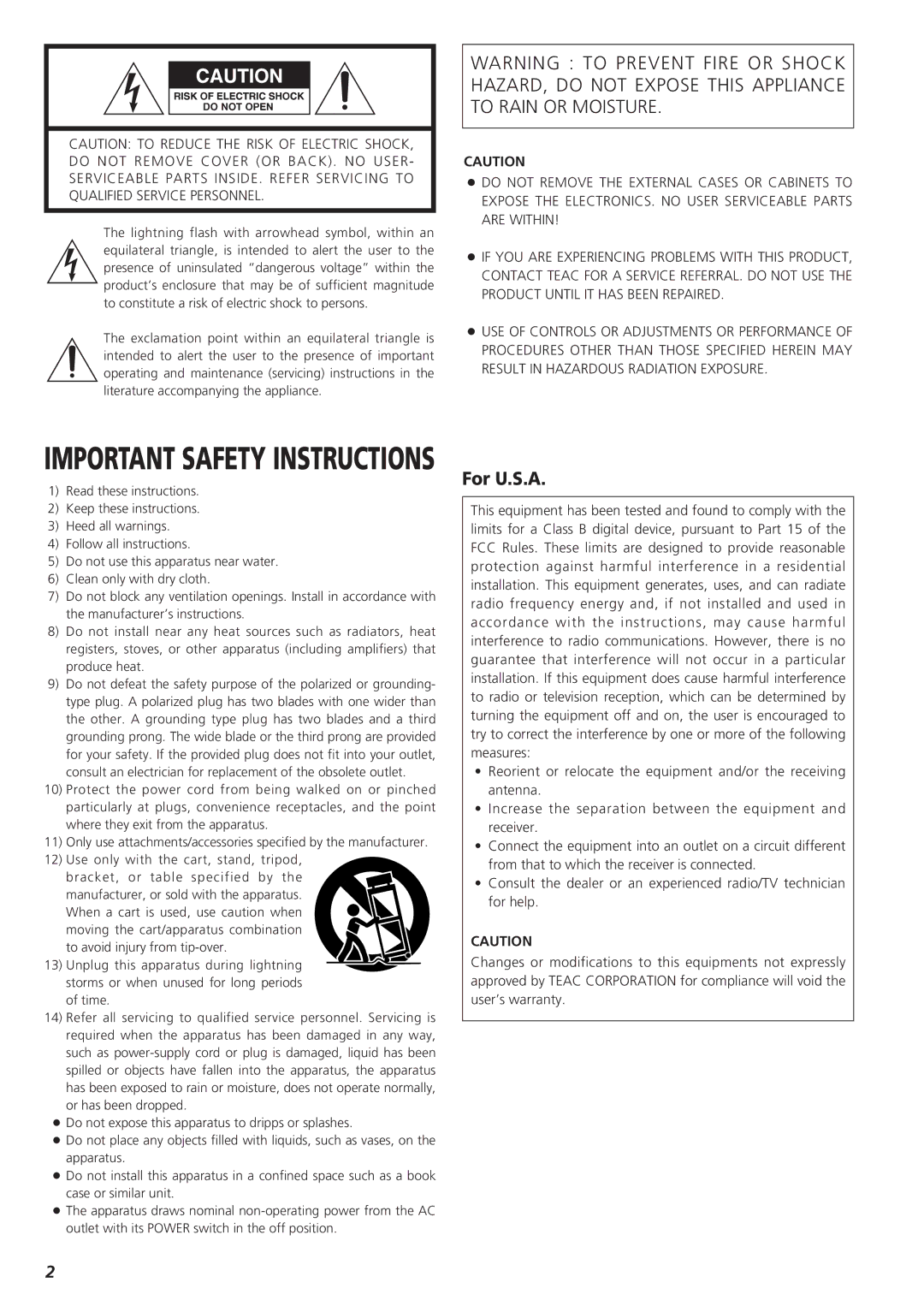 Esoteric UX-1 owner manual Important Safety Instructions, For U.S.A 