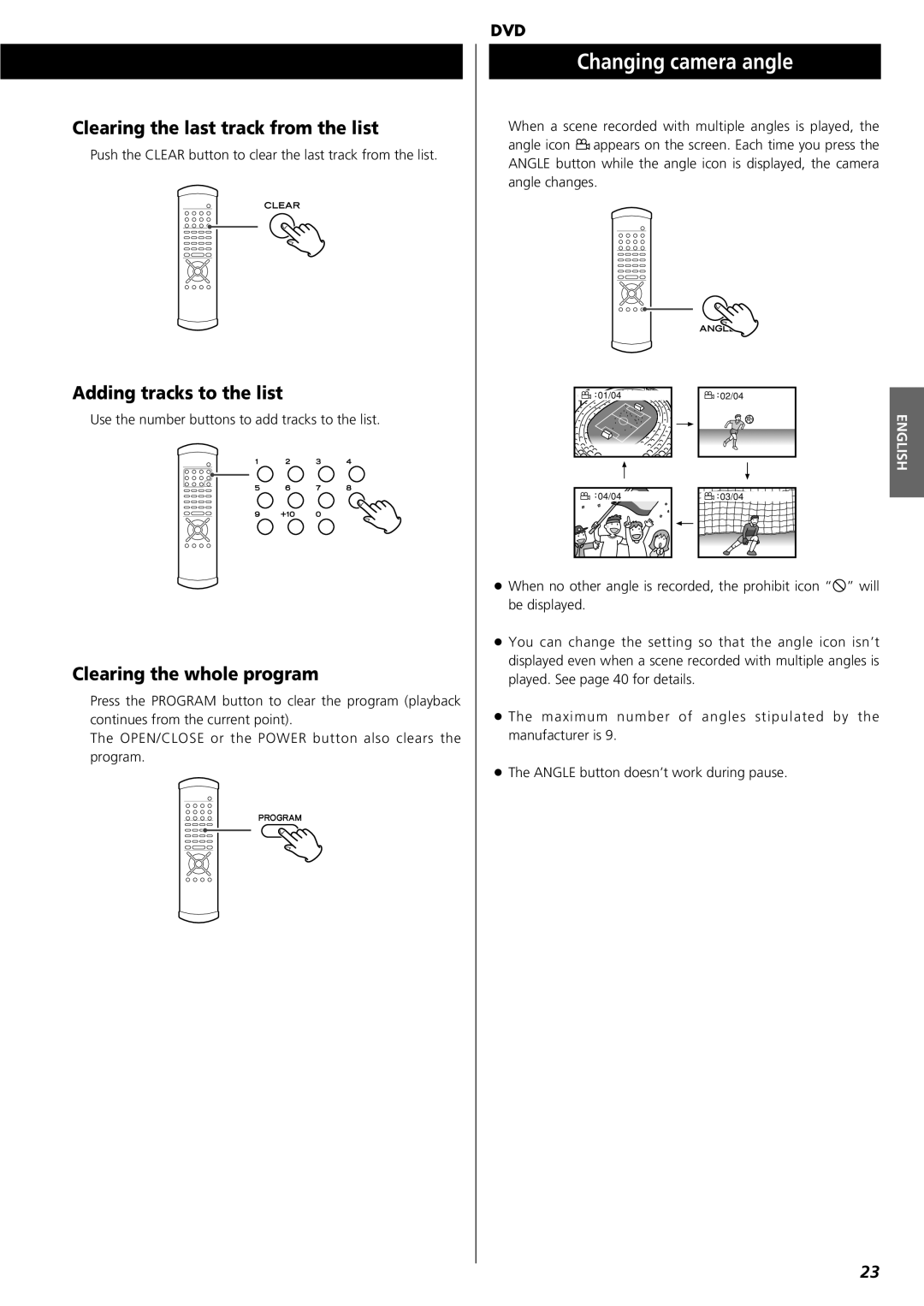 Esoteric UX-1 owner manual Changing camera angle, Clearing the last track from the list, Adding tracks to the list 