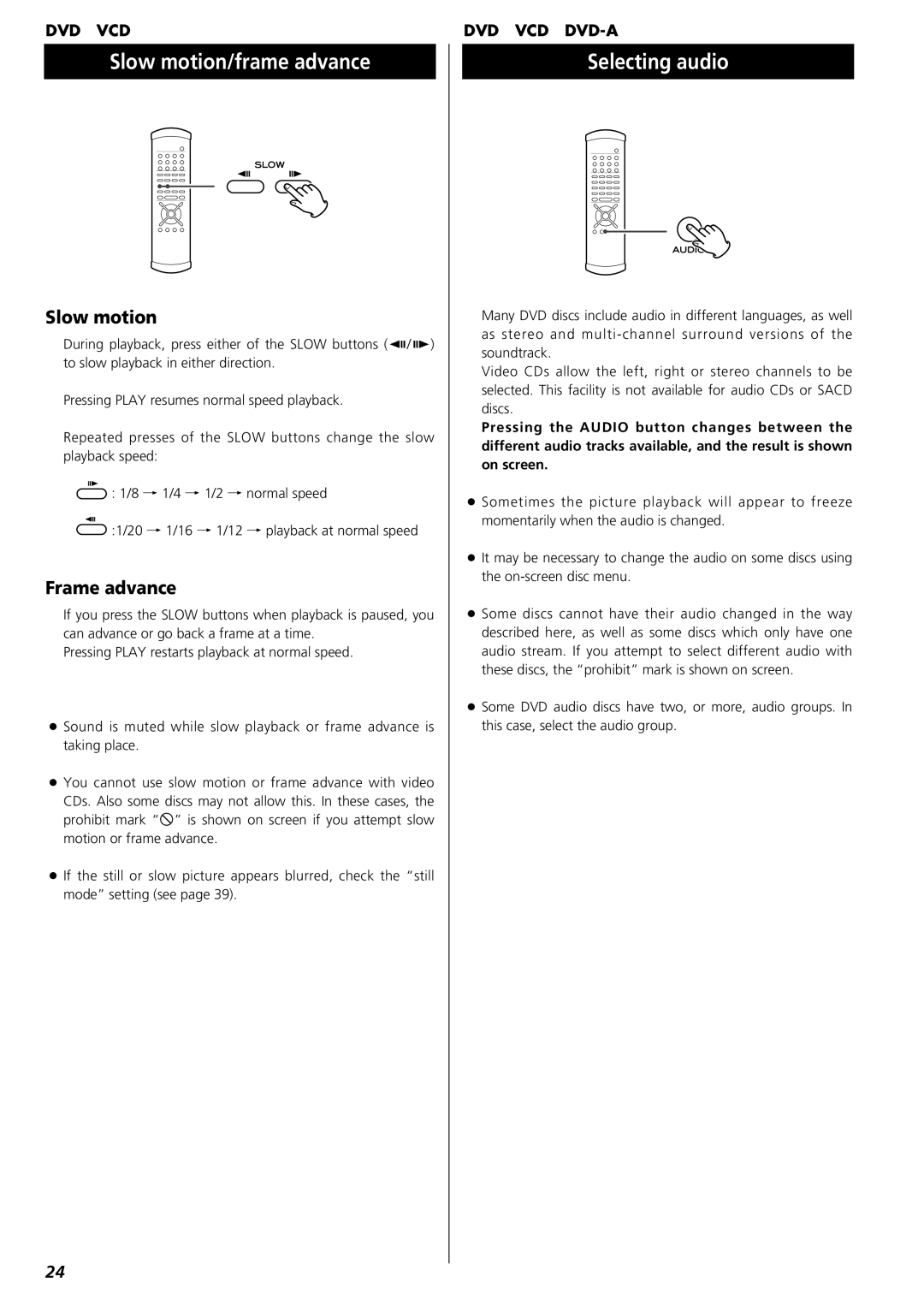 Esoteric UX-1 owner manual Slow motion/frame advance, Selecting audio, Frame advance 