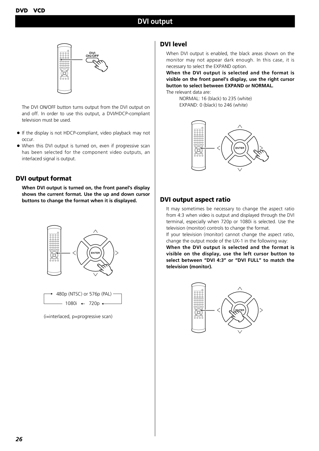 Esoteric UX-1 owner manual DVI output format, DVI level, DVI output aspect ratio 