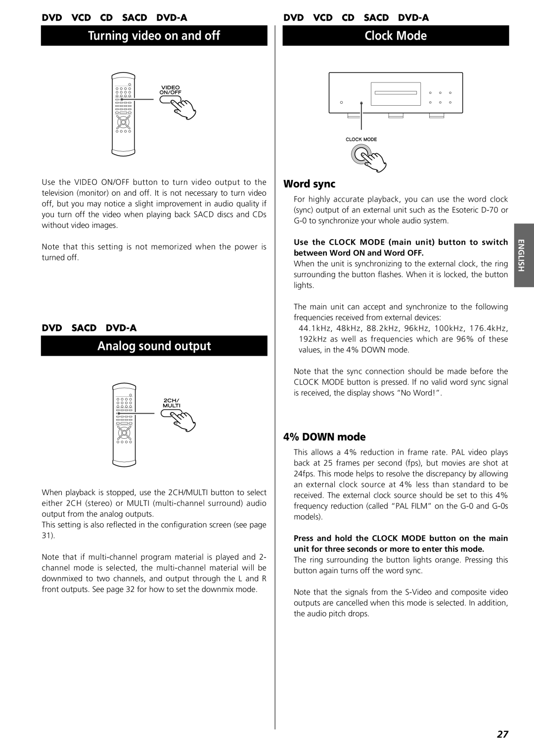 Esoteric UX-1 owner manual Turning video on and off, Analog sound output, Clock Mode, Word sync, Down mode 