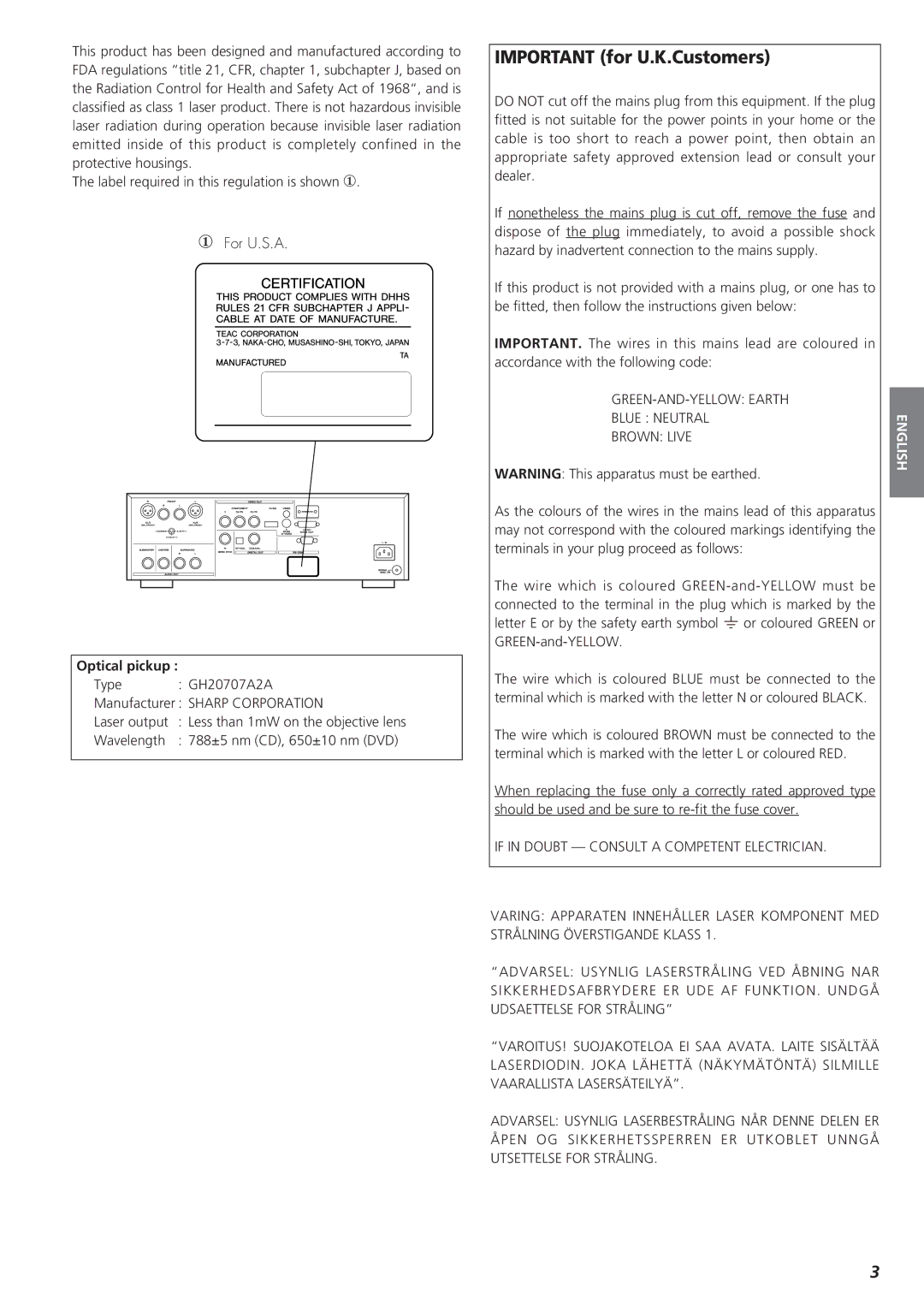 Esoteric UX-1 owner manual Important for U.K.Customers, ① For U.S.A 