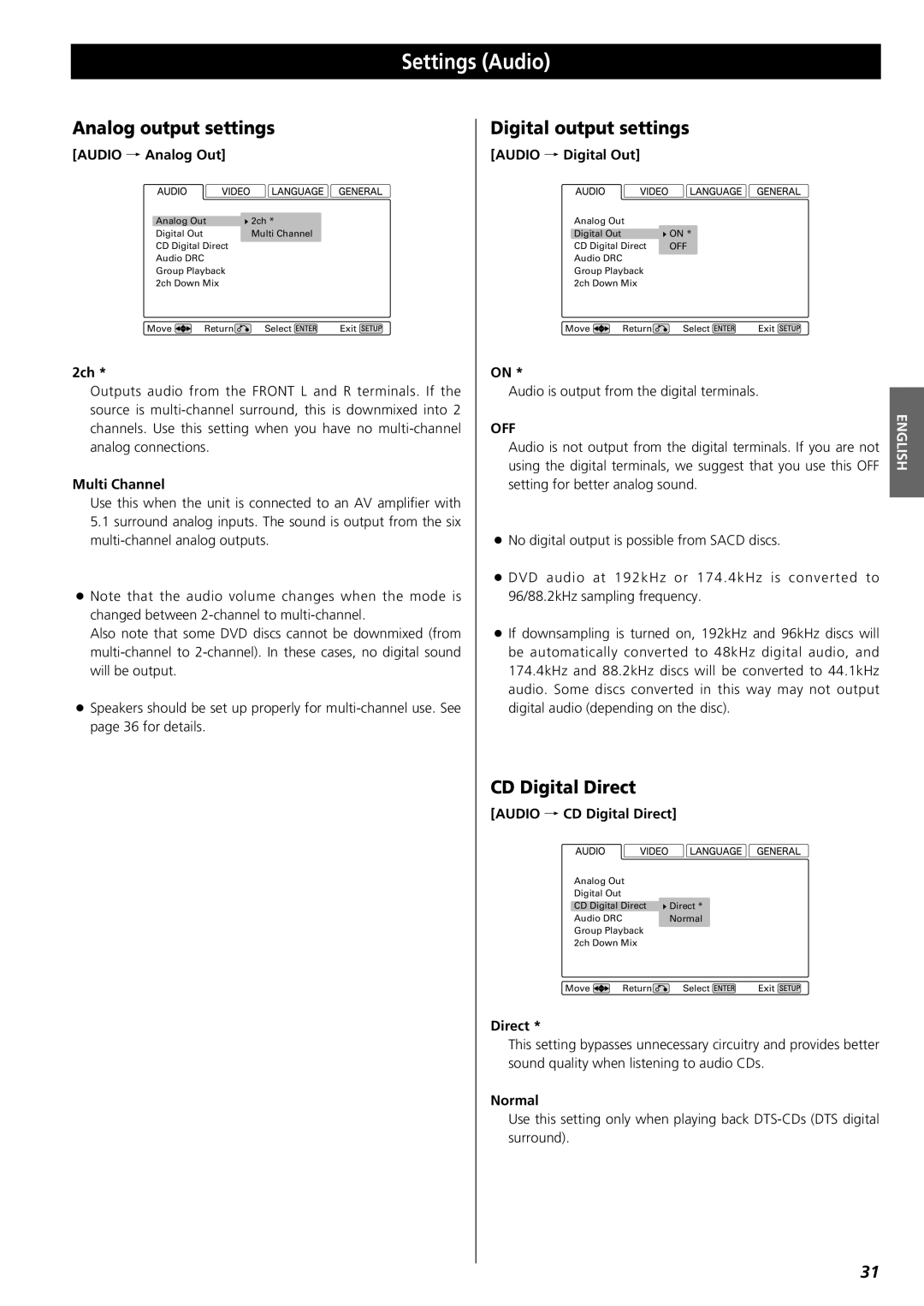 Esoteric UX-1 owner manual Settings Audio, Analog output settings, Digital output settings, CD Digital Direct, Off 