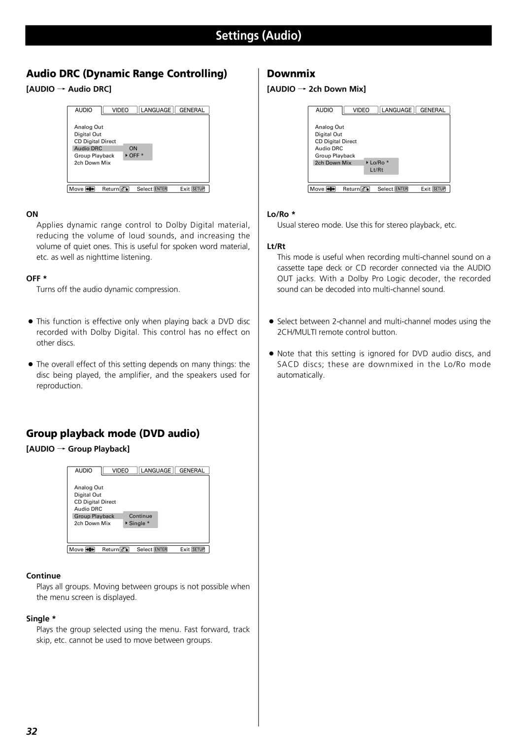 Esoteric UX-1 owner manual Audio DRC Dynamic Range Controlling, Group playback mode DVD audio, Downmix 