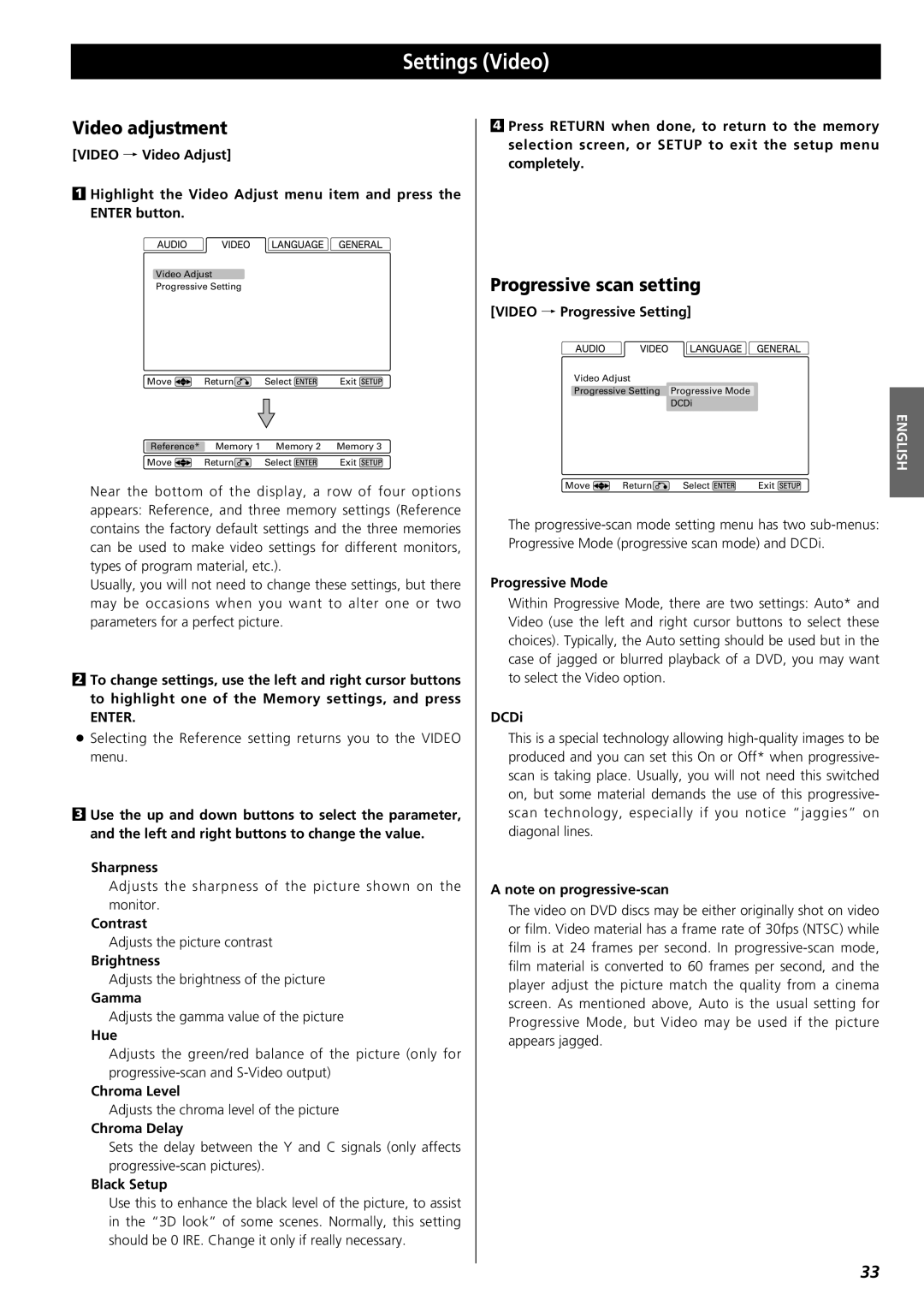 Esoteric UX-1 owner manual Settings Video, Video adjustment, Progressive scan setting, Enter 