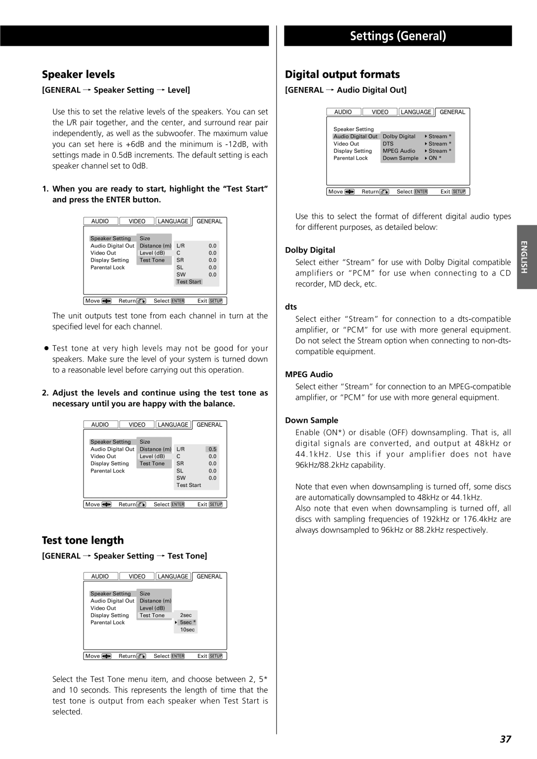 Esoteric UX-1 owner manual Settings General, Speaker levels, Test tone length, Digital output formats 