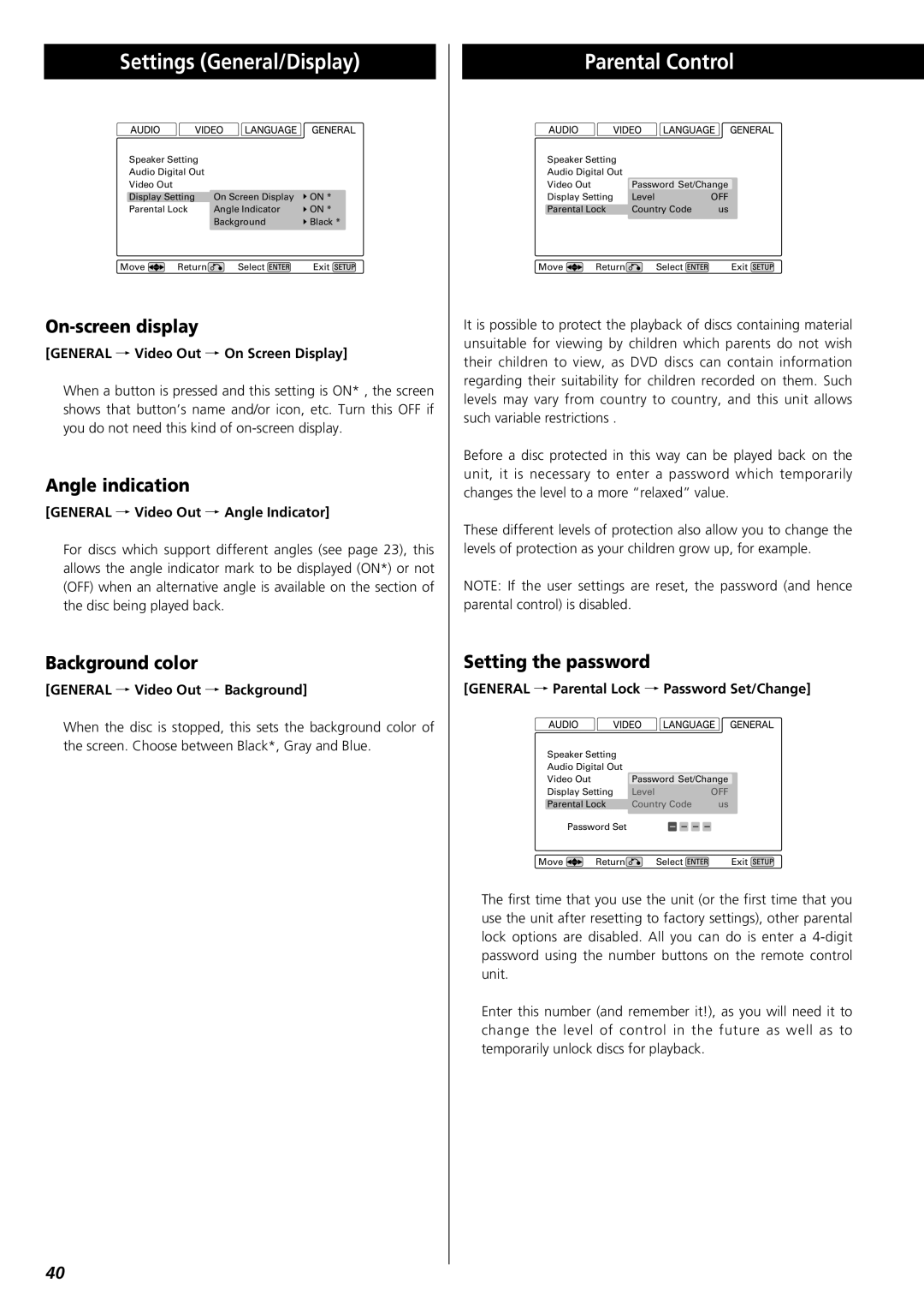 Esoteric UX-1 owner manual Settings General/Display, Parental Control 