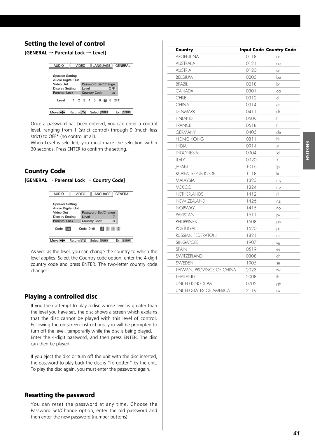 Esoteric UX-1 owner manual Setting the level of control, Country Code, Playing a controlled disc, Resetting the password 